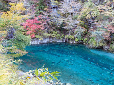 光によってさまざまな色に輝くユーシンブルー（山北町提供）